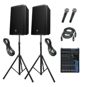 alquiler Equipo de sonido sencillo para uso en directos y actuaciones musicales, de facil transporte e instalación con mesa con reverb y microfonía + accesorios.