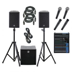 Alquiler de equipo de sonido autoamplificado premium 2000W para directos: compacto, fácil de transportar, con mesa con reverb, microfonía y accesorios.