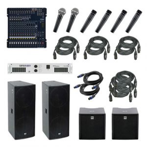 Alquiler de equipo de sonido completo tamaño medio para directos con mesa de directo con multiefectos y compresor, microfonía y accesorios.