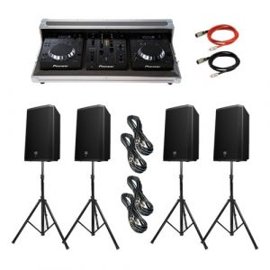 Alquiler Equipo de sonido para DJ's de uso frontal o perimetral. Fácil transporte e instalación con cabina Pioneer Serie 350 completa.