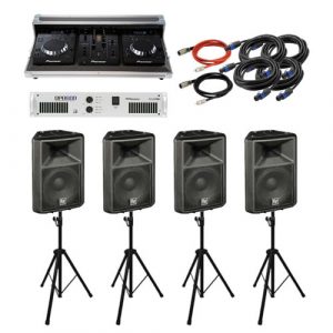 Alquiler Equipo de sonido sencillo para DJ's, fiestas, bodas y animadores, de facil transporte e instalación con cabina Pioneer Serie 350 completa.