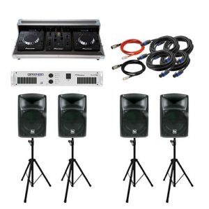Alquiler Equipo de sonido medio para DJ's, fiestas, bodas y animadores, de facil transporte e instalación con cabina Pioneer Serie 350 completa.