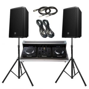 Alquiler Equipo de sonido sencillo para DJ's, fiestas, bodas y animadores. Fácil transporte e instalación con cabina Pioneer Serie 350 completa.